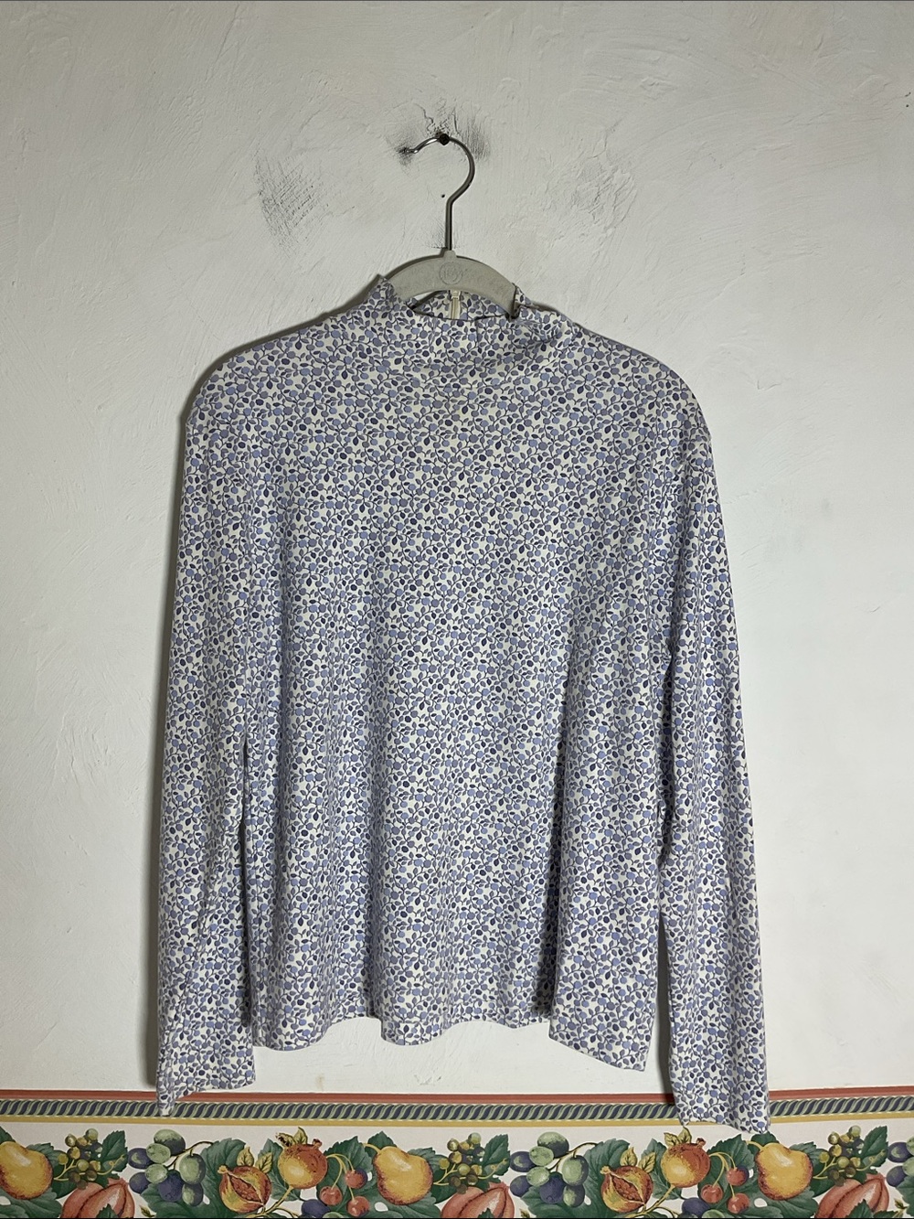 Vintage Leon Levin Micro Floral Mock Neck Zipper Top Size L Purple Off White - Picture 1 of 10
